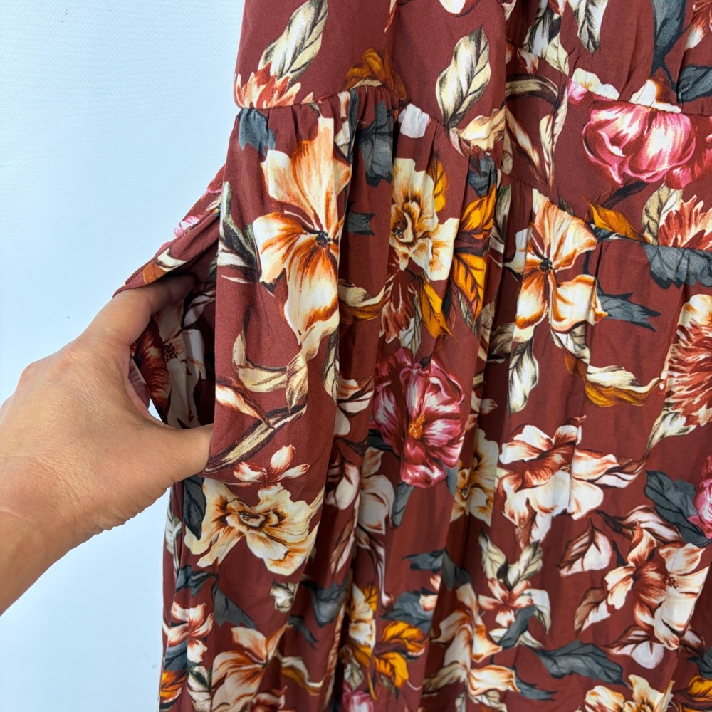 Torrid Maxi Dress Women 4 Burgundy Floral Boho Off Shoulder Ruffle Pocket - Picture 5 of 12